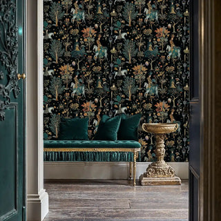 Medieval tapestry wallpaper featuring horseback figures and botanical elements, shown in formal entryway with teal bench