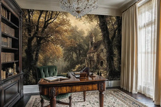 Medieval woodland wall mural showing chapel path and autumn trees, featured in classic home office with antique desk and bookshelf