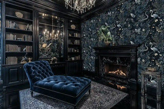 Midnight garden wallpaper with elegant herons and cranes among navy botanicals, shown in a luxurious study with ornate fireplace