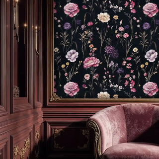 Midnight garden wallpaper with romantic florals, showcased in traditional study with ornate wood paneling