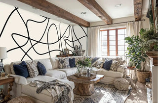 minimalist abstract wallpaper with flowing lines, in rustic living room with exposed wooden beams