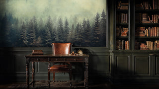 Misty forest wall mural featuring evergreen trees and atmospheric fog in a traditional home office with leather chair