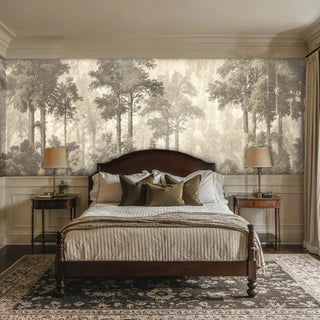 Misty forest wall mural with towering trees in sepia tones shown in elegant bedroom with dark wood bed frame