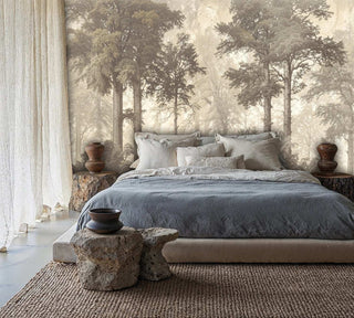Misty woodland wall mural with layered trees displayed in minimalist bedroom with stone nightstands