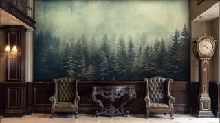 Misty woodland wallpaper with towering evergreens in sophisticated entryway with ornate console table