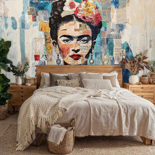 Mixed media portrait wall mural featuring newspaper and floral crown, displayed in cozy bedroom with wicker baskets