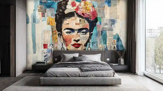 Mixed media portrait wall mural featuring newspaper collage, displayed in contemporary bedroom with platform bed