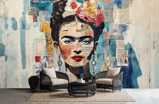 Mixed media portrait wall mural with bold collage design, shown in modern seating area with wire frame chairs