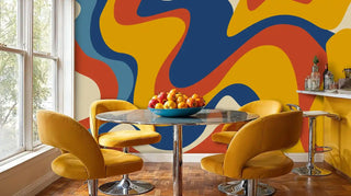 modern abstract wall mural with flowing curves in vibrant colors, shown in dining area with yellow swivel chairs