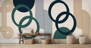 Modern abstract Wall Mural with overlapping geometric shapes, displayed in entryway with wooden bench and woven baskets
