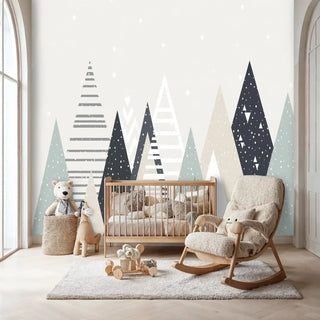 Modern geometric mountain wallpaper in soft sage and navy tones, featured in minimalist nursery with rocking chair