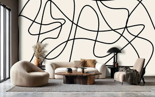 modern line art wallpaper with organic curves, shown in neutral living room with curved sofa and area rug