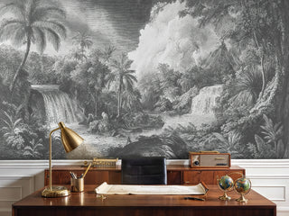 Monochrome jungle engraving wall mural with palms and river, in a vintage home office with brass lamp and globe