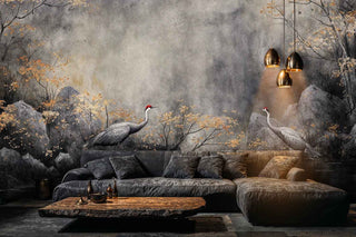 Moody crane wall mural with golden foliage details, shown in contemporary living room with pendant lighting