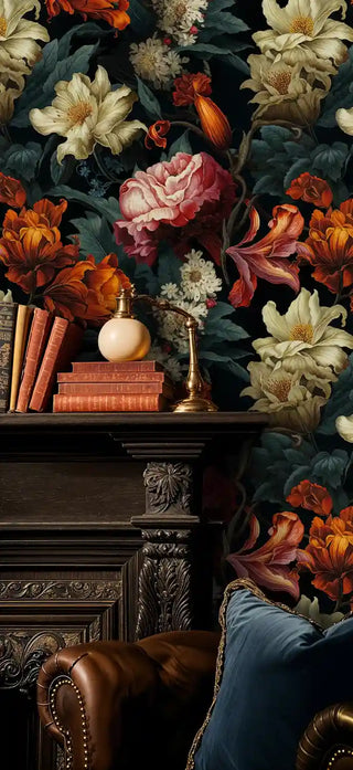 Moody floral wallpaper with roses and lilies in sophisticated library setting with antique furniture