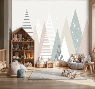 Mountain forest wallpaper featuring dotted triangular trees in soft colors, displayed in organized nursery with house-shaped shelving