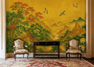Mountain landscape wall mural in golden tones, shown in entryway with floral upholstered chairs