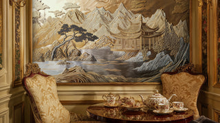 Mountain landscape wall mural with temple and peaks, shown in elegant room with floral tea service