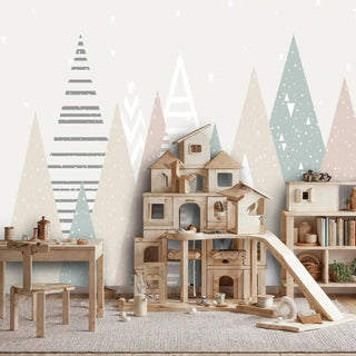 Mountain peak wallpaper with abstract triangular forms, shown in creative play area with modular wooden structures