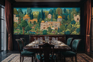 Mughal architectural wallpaper with domed buildings and trees, displayed in sophisticated dining room with teal chairs