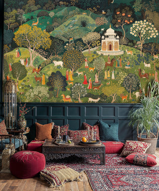 Mughal garden wall mural with deer, pavilion and flowering trees in emerald and gold tones, styled in maximalist living room