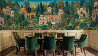 Mughal palace wallpaper with ornate domes and lush gardens in green and gold, displayed in elegant dining room