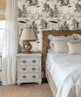 Mysterious forest wall mural with extraterrestrial elements in neutral tones, shown in serene bedroom setting