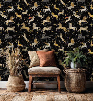 Mystical celestial wallpaper featuring lions and unicorns in modern living room with wooden bench and plants