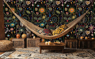 Mystical celestial wallpaper with colorful dotted patterns, shown in bohemian space with natural hammock