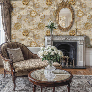 Mystical celestial wallpaper with detailed sun faces and crescent moons in classic living room with marble fireplace