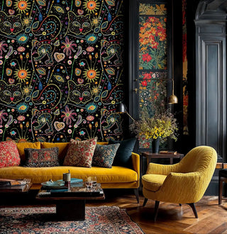 Mystical cosmic dot wallpaper featuring colorful celestial motifs on black, shown in sophisticated living room with yellow sofa