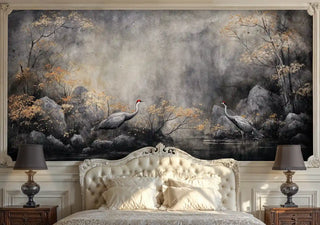 Mystical crane wall mural featuring elegant birds in misty landscape, shown in luxury bedroom