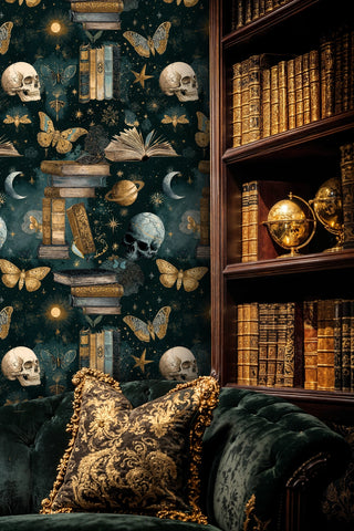 Mystical dark academia wallpaper with celestial elements and vintage books, displayed in sophisticated study with antique bookshelf
