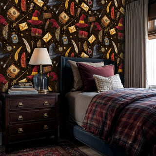 Mystical elements wallpaper with wizard hats and bottles, shown in cozy bedroom with plaid bedding and vintage furniture