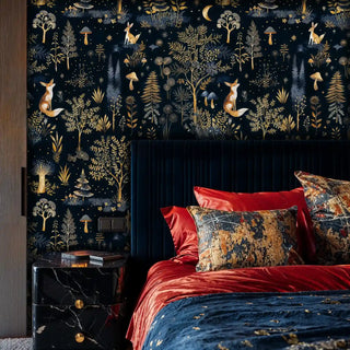 Mystical forest fox wallpaper in luxurious bedroom with red velvet bedding