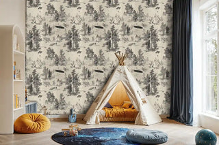 Mystical forest wall mural featuring UFOs and woodland scenes, displayed in kids playroom with teepee tent