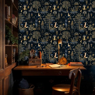 Mystical forest wallpaper featuring foxes and mushrooms in dark home office with wooden desk
