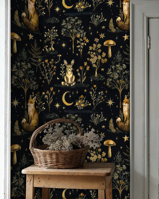 Mystical forest wallpaper showing foxes and celestial elements in rustic entryway with wooden bench