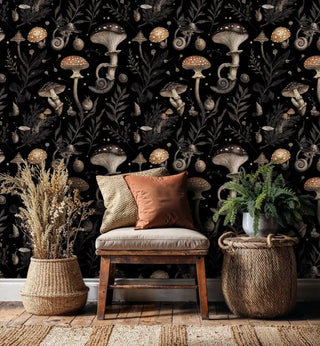 Mystical forest wallpaper with mushrooms and ferns, shown in cozy living space with wicker baskets and natural textures