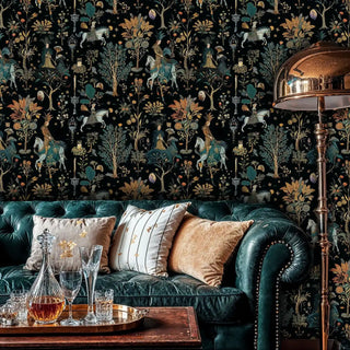 Mystical forest wallpaper with ornate details and midnight backdrop, displayed in sophisticated den with leather sofa