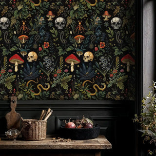 mystical forest wallpaper with skulls and red mushrooms on black background in rustic kitchen