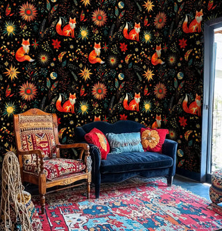 mystical fox peel and stick wallpaper with golden starbursts, displayed in eclectic living room with patterned rug