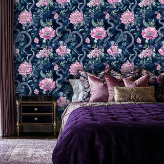 Mystical garden wallpaper with serpentine motifs and blooming peonies, shown in luxurious bedroom setting