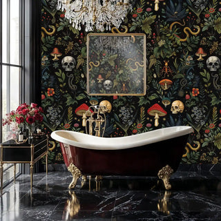 mystical gothic wallpaper in elegant bathroom with clawfoot tub and crystal chandelier