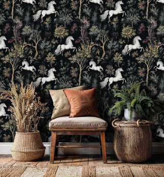Mystical horse wallpaper featuring forest scenes and botanical elements, shown in cozy nook with wicker baskets
