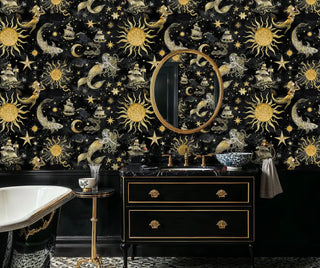 Mystical maritime wallpaper with celestial elements and mermaids in sophisticated bathroom with clawfoot tub