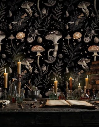 Mystical mushroom wallpaper featuring detailed fungi and ferns in brown tones, displayed in alchemist study with candles and bottles