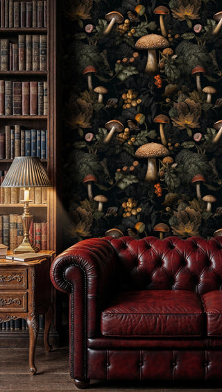 Mystical mushroom wallpaper featuring woodland botanicals displayed in traditional library with red leather furniture