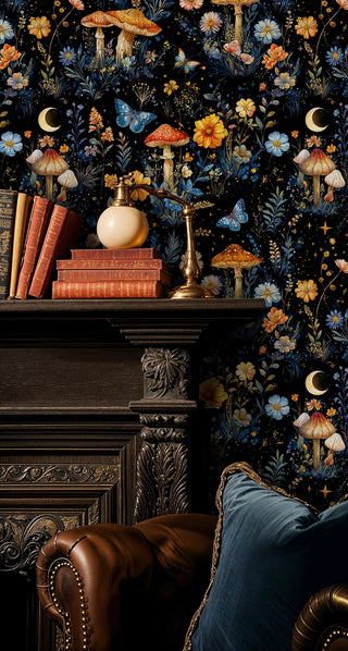 Mystical mushroom wallpaper with golden toadstools and wildflowers in elegant study with brass lamp