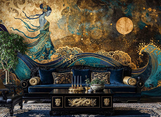 Mystical ocean wave wall mural featuring celestial goddess and golden moon, shown in luxury living room with ornate sofa